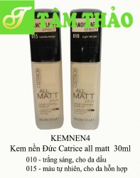 Kem nền Đức Catrice all matt  30ml (số 010) màu trắng sáng, cho da dầu, (số 015) màu tự nhiên, cho da hỗn hợp thiên dầu